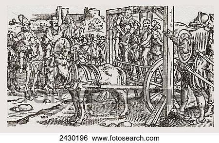 Stock Photograph - A public hanging during the Tudor period in England. From a contemporary print.. Fotosearch