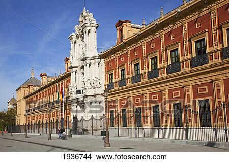 Picture - A Red Building With A White Ornate Tower; Sevilla Andalusia Spain. Fotosearch