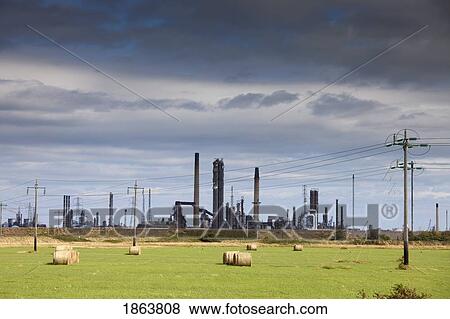 A Refinery With Hay Bales In The Foreground View Large Photo Image Stock Photo - A Refinery With Hay Bales In The Foreground. Fotosearch