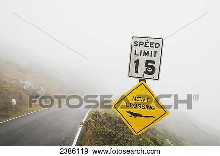 Stock Photo - A road sign for newt crossing; California, United States of America. Fotosearch