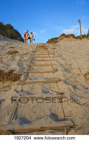 Picture - A Rope Ladder Leading Dow A Sandy Beach Of West Jutland, Denmark. Fotosearch