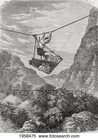 Stock Photography - A Rope Suspended Cradle Over A Valley, Used As A Means Of Transport In Japan In The 19Th Century. From El Mundo En La Mano Published 1875.. Fotosearch