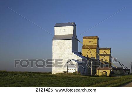 Stock Photography - A Row Of Grain Elevators At Sunrise With Blue Sky; Mossleigh Alberta Canada. Fotosearch