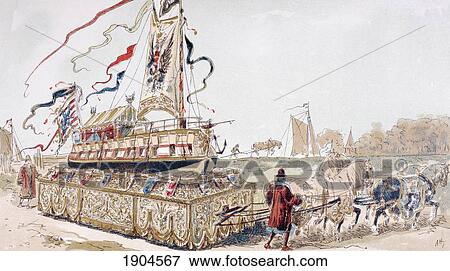 A Royal Barge Being Pulled On A Wagon By Horses To A Canal In The 16Th Century. After A Watercolour By A. Heins. From Cortege Historique Des Moyens De Transport. Published Brussels, 1886. View Large Photo Image Stock Photo - A Royal Barge Being Pulled On A Wagon By Horses To A Canal In The 16Th Century. After A Watercolour By A. Heins. From Cortege Historique Des Moyens De Transport. Published Brussels, 1886.. Fotosearch