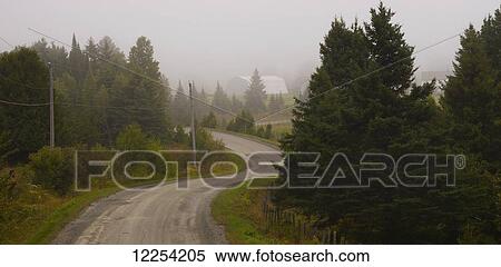 Stock Photography - A rural road in the fog; Waterloo, Quebec, Canada. Fotosearch