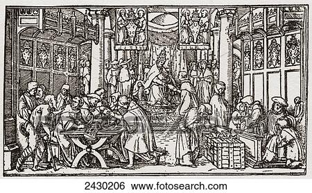Stock Photograph - A sale of Indulgences during the Tudor period in England. Indulgences were pardons for sins, sold by the Catholic church to raise money. From a contemporary print.. Fotosearch
