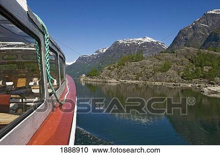 Stock Image - A Scenic Boat Trip Across The Waters Of Lovatn Lake. Fotosearch