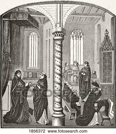 Stock Image - A School Of Mendicant Monks And A Pupil Being Birched From 15Th Century Miniature From Science And Literature In The Middle Ages By Paul Lacroix Published London 1878. Fotosearch