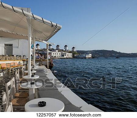 Stock Photo - A seafront bar in the Little Venice area; Mykonos Town, Mykonos, Cyclades, Greek Islands, Greece. Fotosearch
