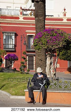 A Senior Man Sits On A Bench With His Cane; San Fernando Andalusia Spain View Large Photo Image Stock Image - A Senior Man Sits On A Bench With His Cane; San Fernando Andalusia Spain. Fotosearch