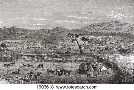 Stock Photo - A Settlement In Kouihara, West Africa, In The 19Th Century. From El Mundo En La Mano Published 1878.. Fotosearch