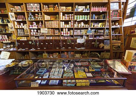 Stock Image - A Shop With A Variety Of Goods On Display; Beamish, Durham, England. Fotosearch