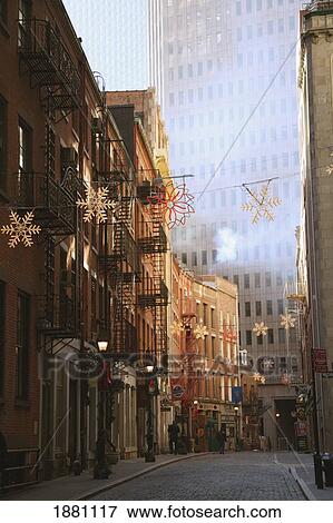 Stock Photo - A Side Street Decorated With Snowflakes; Manhattan, New York, Usa. Fotosearch