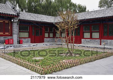 Stock Photo - A Small Patch Of Grass And A Tree Fenced In The Corner Of A Building; Beijing China. Fotosearch
