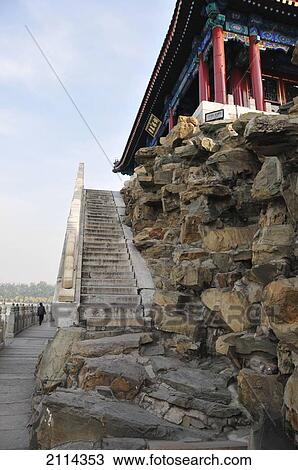Stock Image - A Steep Stone Stairway Leading Up To A Building; Beijing China. Fotosearch