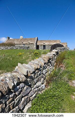 Stock Photo - A Stone Fence Along A Field By A Crofter's House; Shetland Scotland. Fotosearch