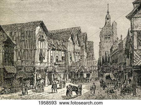 Stock Image - A Street In Bernay, Normandy, France In The 19Th Century. From French Pictures By The Rev. Samuel G. Green, Published 1878.. Fotosearch