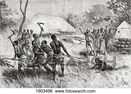 Stock Photograph - A Supposed Witch Being Dragged To Her Execution On The Bonfire In Zambue, Zumbu, Tete, Mozambique, Central Africa. From The Book Africa Pintoresca Published 1888.. Fotosearch