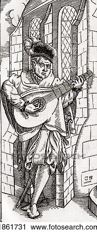 Stock Image - A Troubadour Detail Of A Woodcut By Georg Scharffenberg From Der Todten Tanz Or The Dance Of Death Published Basel 1843. Fotosearch
