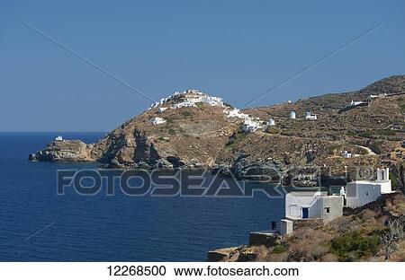 Stock Image - A view of Kastro and the chapel of the Epta Martyrs or Seven Martyrs; Kastro, Sifnos, Cyclades, Greek Islands, Greece. Fotosearch