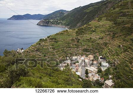 Stock Photograph - A view of Manarola from above; Manarola, Liguria, Italy. Fotosearch