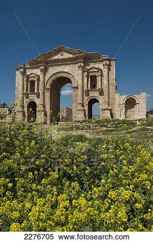 A view of the structure known as Hadrians Arch in the ancient Roman and Crusader city of Jerash near Amman; Jerash, Jordan View Large Photo Image Stock Photography - A view of the structure known as Hadrians Arch in the ancient Roman and Crusader city of Jerash near Amman; Jerash, Jordan. Fotosearch