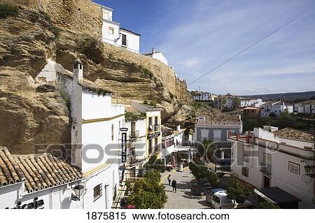 Stock Photography - A View Of The Town; Setenil De Las Bodegas, Andalusia, Spain. Fotosearch