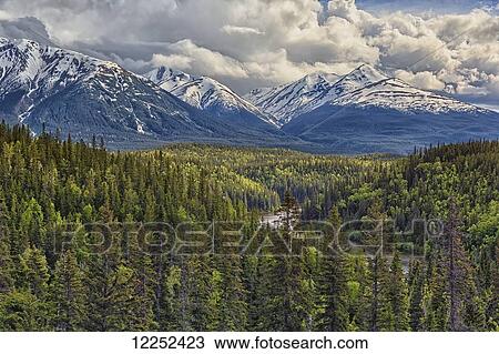 Stock Image - A viewpoint along the Stewart Cassiar Highway shows the Coast Mountains which form part of the Rocky Mountains; British Columbia, Canada. Fotosearch