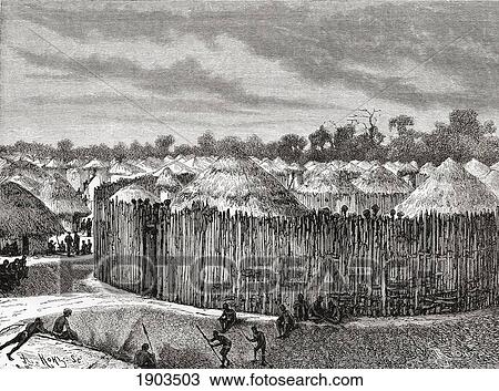 Stock Image - A Village In Central Africa During The 19Th Century. From The Book Africa Pintoresca Published 1888.. Fotosearch