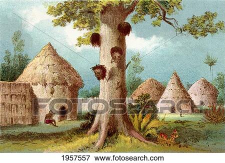 Stock Photo - A War Tree With Decapitated Heads Skewered To It's Trunk, In An African Village In The 19Th Century. From The Life And Explorations Of Dr. Livingstone Published C. 1875.. Fotosearch