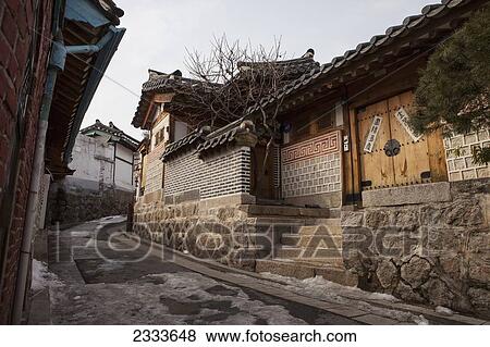 Stock Photo - A Well Preserved Neighbourhood In Bokchon Hanok Village; Seoul, Korea. Fotosearch