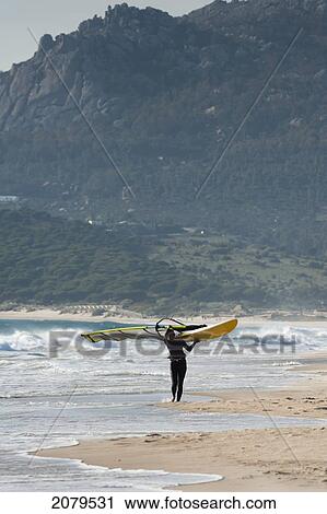 Stock Image - A Windsurfer Carries His Board While Walking On The Beach; Tarifa Cadiz Andalusia Spain. Fotosearch