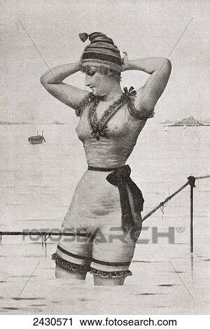 Stock Image - A woman bather in a provocative bathing suit in the late 19th century. From Illustrierte Sittengeschichte vom Mittelalter bis zur Gegenwart by Eduard Fuchs, published 1912.. Fotosearch