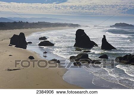 Stock Photograph - A woman takes a tranquil horseback ride on a solitary Pacific Ocean beach; Bandon, Oregon, United States of America. Fotosearch