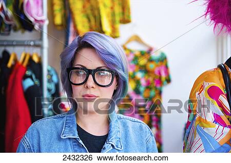 A woman with purple hair and bold eyeglasses shops at Portobello Market, Notting Hill; London, England View Large Photo Image Stock Photograph - A woman with purple hair and bold eyeglasses shops at Portobello Market, Notting Hill; London, England. Fotosearch