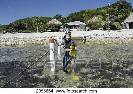 A Woman With Snorkelling Gear At Utopia Village; Utila Island, Honduras View Large Photo Image Picture - A Woman With Snorkelling Gear At Utopia Village; Utila Island, Honduras. Fotosearch