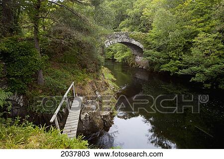 Stock Image - A Wooden Boardwalk And Stone Bridge Crossing A Tranquil River; Argyll Scotland. Fotosearch