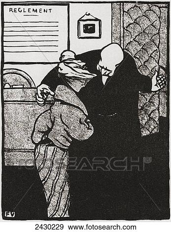 Stock Photo - A worthy man ushers a young woman into his office, after a work by Felix Vallotton from 'Crimes and Punishments'. From Illustrierte Sittengeschichte vom Mittelalter bis zur Gegenwart by Eduard Fuchs, published 1909.. Fotosearch
