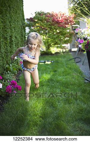 Picture - A young girl enjoying the sprinkler on a hot day; Surrey, British Columbia, Canada. Fotosearch