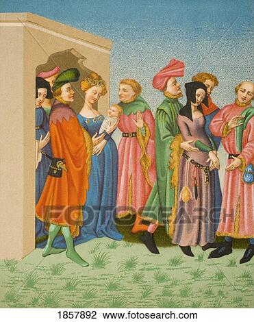 Stock Image - A Young MotherÃƒâ€šÃ‚Â´S Retinue. Parisien Costumes At End Of 14Th Century. 19Th Century Copy Of Miniature From Latin Terence Owned By King Charles Vi. Fotosearch