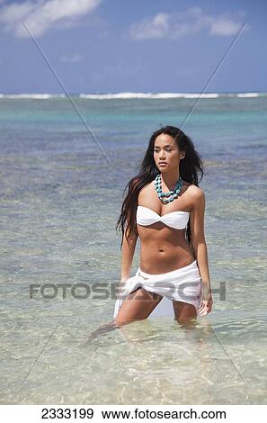 A young woman in a white bikini stands in the shallow ocean water; Oahu, Hawaii, United States of America View Large Photo Image Stock Photo - A young woman in a white bikini stands in the shallow ocean water; Oahu, Hawaii, United States of America. Fotosearch