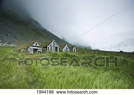 Stock Photo - Abandoned And Ruined Sheds In A Field With Tall Grass; Iceland. Fotosearch