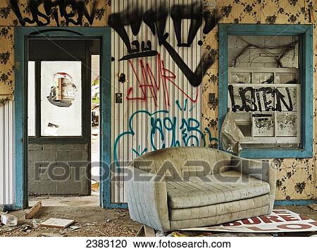 Stock Image - Abandoned, graffiti-filled industrial space; Montreal, Quebec, Canada. Fotosearch