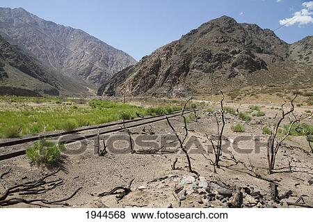 Stock Photo - Abandoned tracks and station of the Ferrocarril Transandino (Transandine Railway) along the Mendoza River, Mendoza, Argentina. Fotosearch