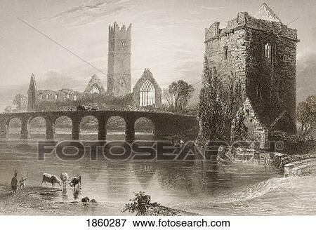 Stock Photo - Abbey Of Clare, Galway, Ireland. Drawn By W. H. Bartlett, Engraved By J. Cousen. From ÃƒÆ’Ã‚Â´The Scenery And Antiquities Of IrelandÃƒÆ’Ã‚Â¶ By N. P. Willis And J. Stirling Coyne. Illustrated From Drawings By W. H. Bartlett. Published London C. 1841.. Fotosearch
