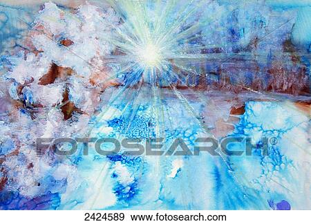 Stock Photo - Abstract watercolour painting with a starburst. Fotosearch
