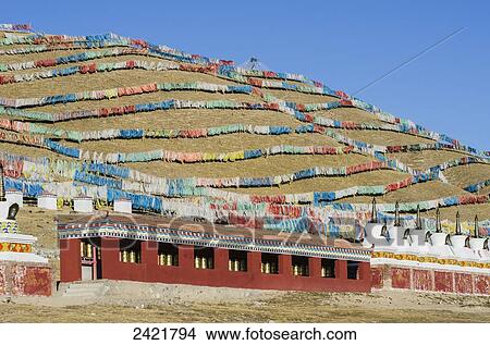 Abundance of prayer flags on a mountain slope at a Tibetan monastery near Hot Spring city; Madoi County, Tibet View Large Photo Image Picture - Abundance of prayer flags on a mountain slope at a Tibetan monastery near Hot Spring city; Madoi County, Tibet. Fotosearch