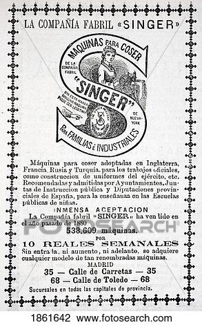 Stock Image - Advertisement For Singer Sewing Machines To Be Bought On Credit System In 1880 Edition Of Spanish Publication Revista Popular De Conocimientos Utiles. Fotosearch