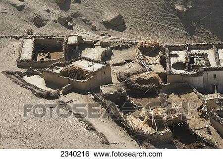 Stock Photograph - Aerial View Of Architecture; Geling, Upper Mustang Valley, Nepal. Fotosearch