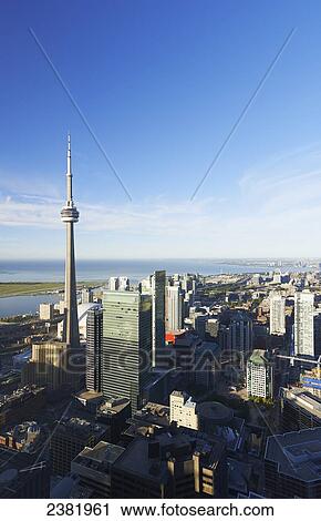 Aerial view of CN tower looking towards downtown Toronto, Island airport and Lake Ontario from First Canadian Place; Toronto, Ontario, Canada View Large Photo Image Stock Image - Aerial view of CN tower looking towards downtown Toronto, Island airport and Lake Ontario from First Canadian Place; Toronto, Ontario, Canada. Fotosearch